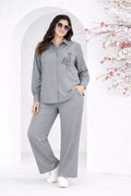 Elegant Grey Flamingo Motif Embroidered Two-Piece Set