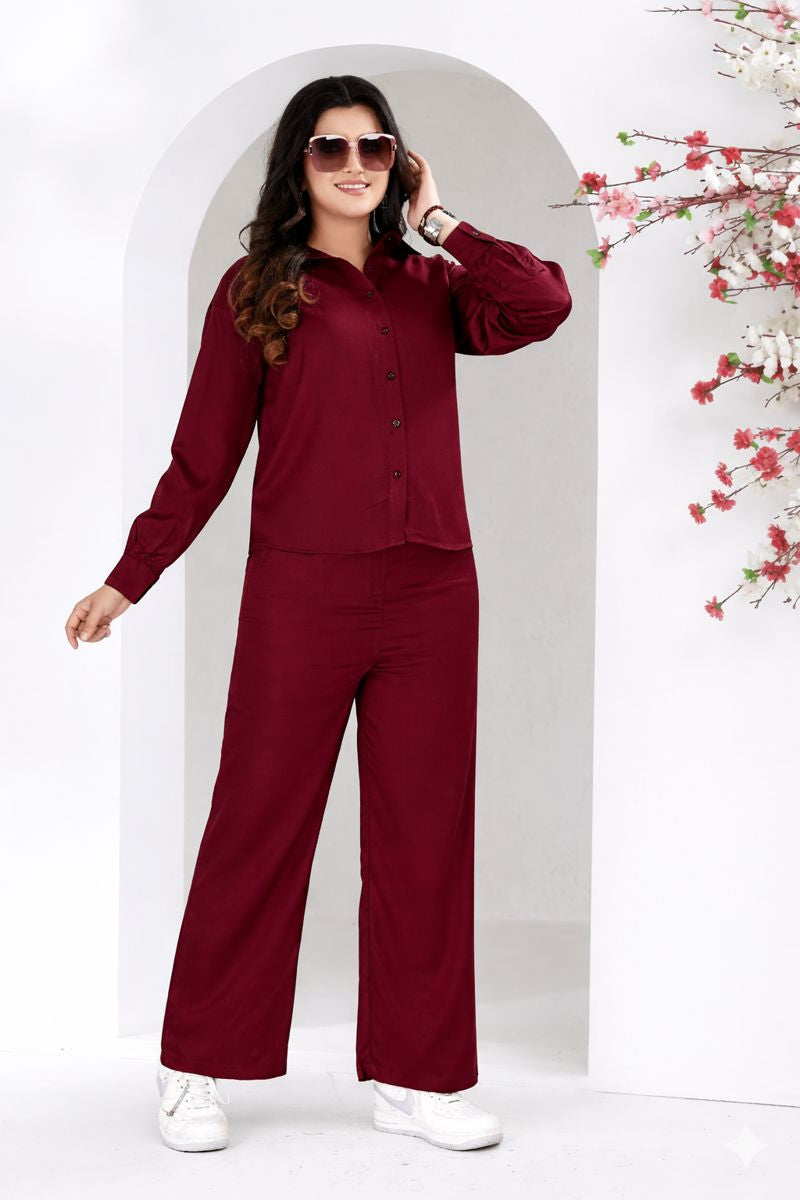 Maroon Satin Shirt & Wide-Leg Pant Co-ord Set