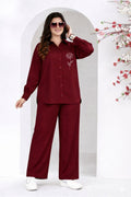Wine Red Rose Line Embroidery Two-Piece Set