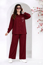 Wine Red Rose Line Embroidery Two-Piece Set
