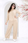 Beige Solid Shirt & Wide-Leg Pant Co-ord Set