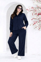 Navy Blue Solid Shirt & Wide-Leg Pant Co-ord Set