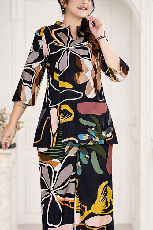 Black Abstract Floral Printed Kurta & Palazzo Co-ord Set for Women