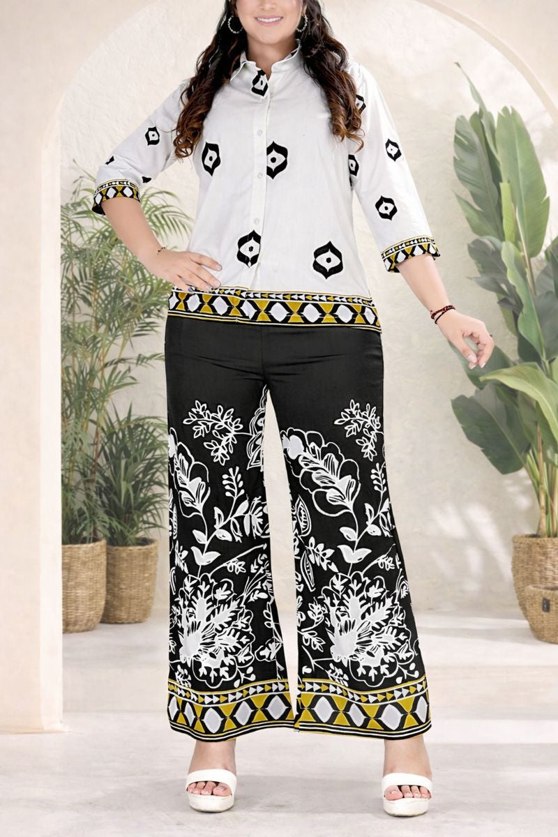 White Printed Shirt Top with Black Floral Palazzo Pants Co-ord Set for Women