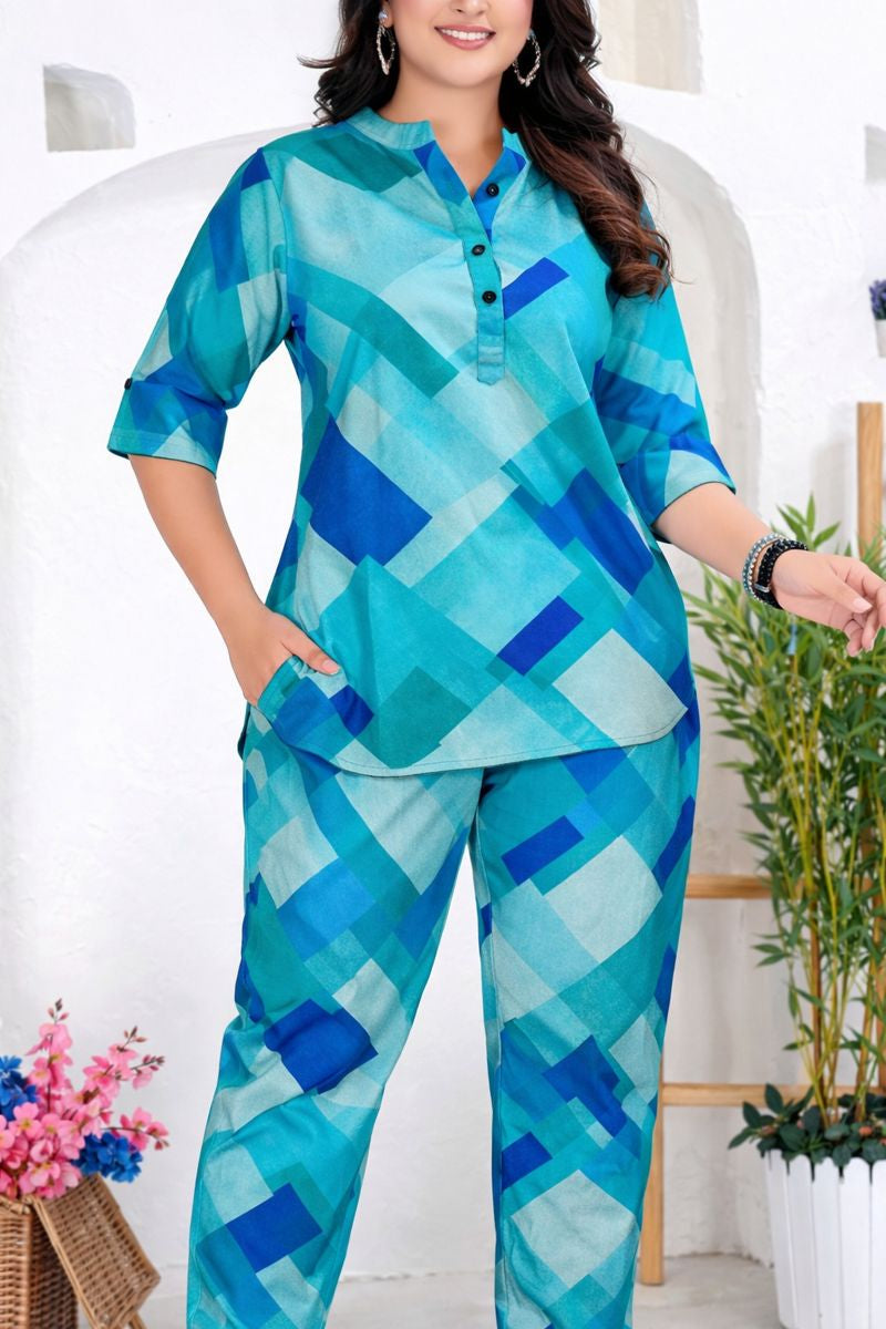 Teal Geometric Print Top & Pant Co-ord Set