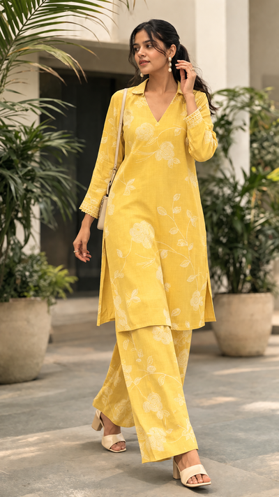 Women’s Floral Printed Straight Kurta & Wide-Leg Pants Co-Ord Set