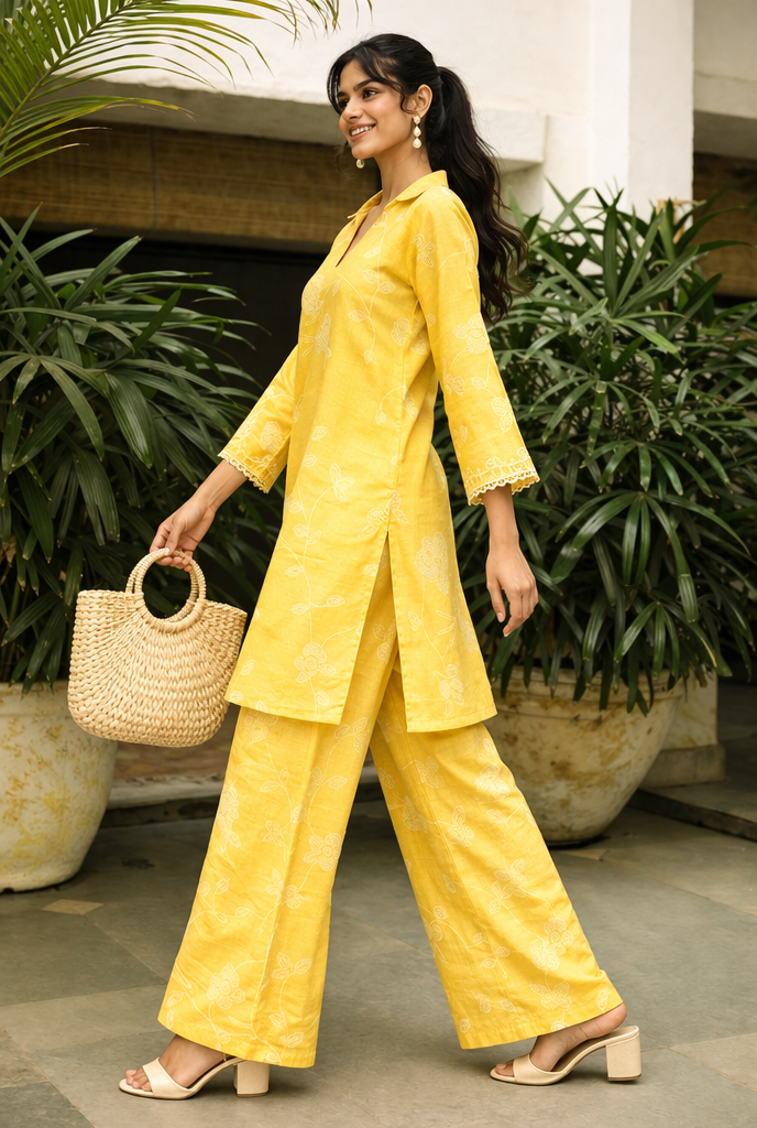 Women’s Floral Printed Straight Kurta & Wide-Leg Pants Co-Ord Set