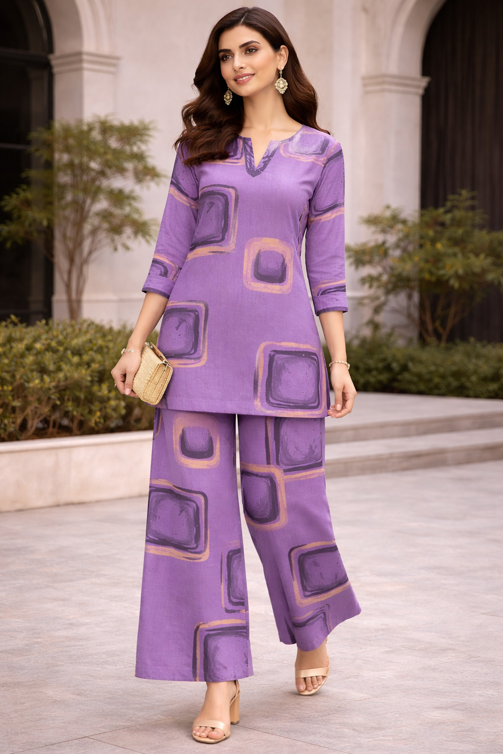 Women’s Geometric Printed Straight Kurta & Wide-Leg Pants Co-Ord Set