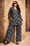 Women Charcoal Grey Floral Printed Kurti with Palazzo Co-ord Set