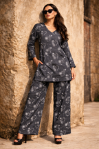 Women Charcoal Grey Floral Printed Kurti with Palazzo Co-ord Set