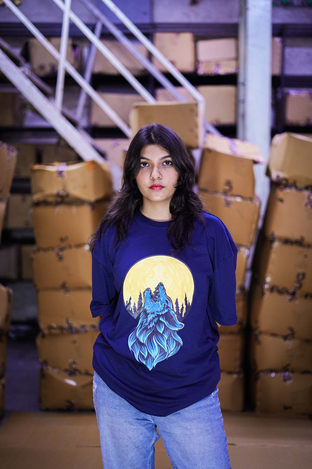 Women's Navy Blue 'Howling Wolf & Full Moon' Graphic Back Print T-Shirt