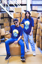 Unisex Navy Blue 'Howling Wolf & Full Moon' Graphic Back Print T-Shirt