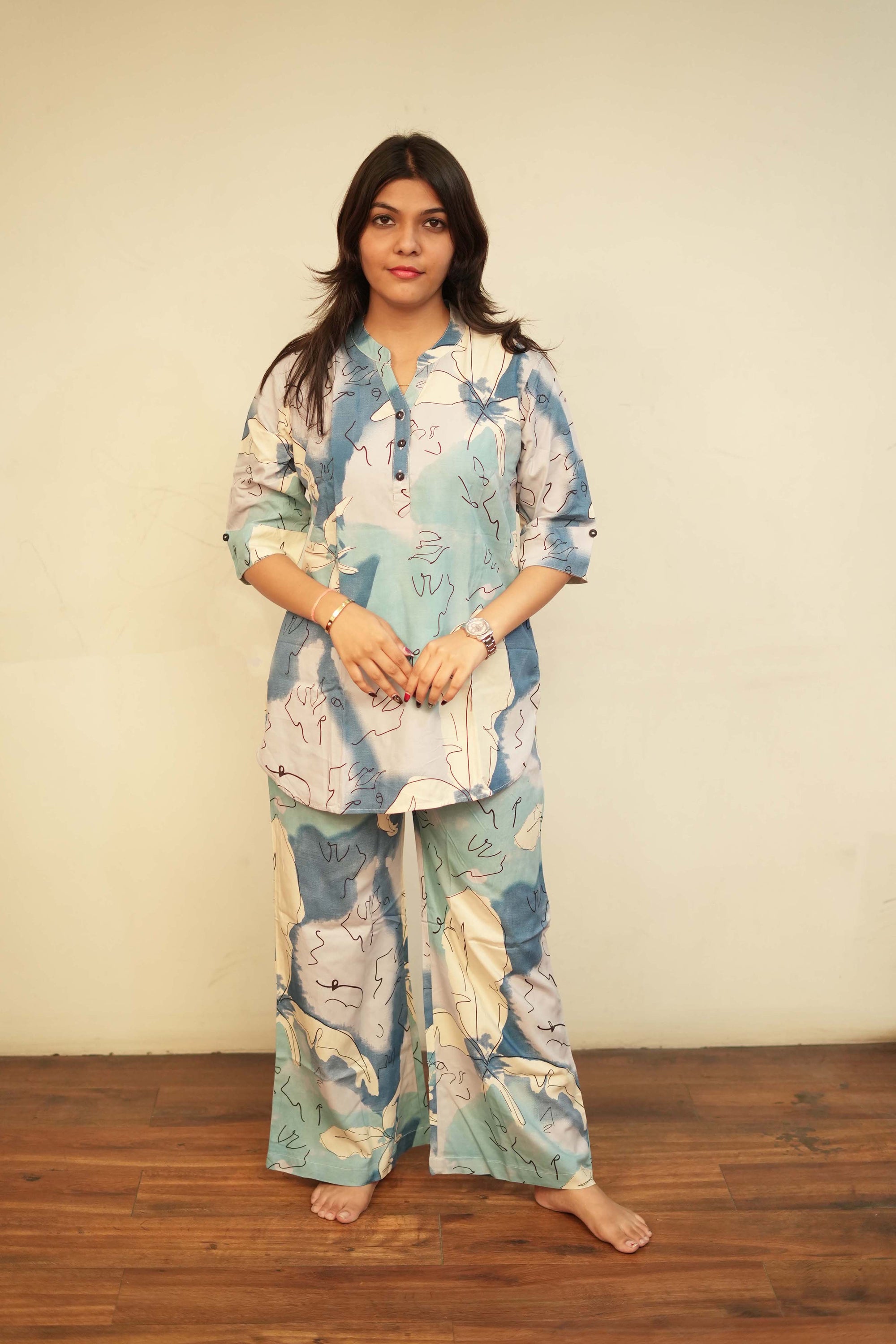 Women's Blue Abstract Print Kurti and Palazzo Co-Ord Set