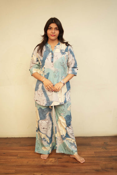 Women's Blue Abstract Print Kurti and Palazzo Co-Ord Set