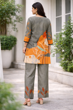 Women’s Casual Printed Kurta Pant Set in Grey & Orange Botanical Design