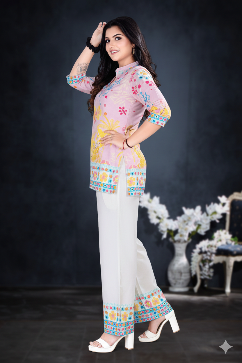 Pink Floral Print Kurta & Palazzo Co-ord Set