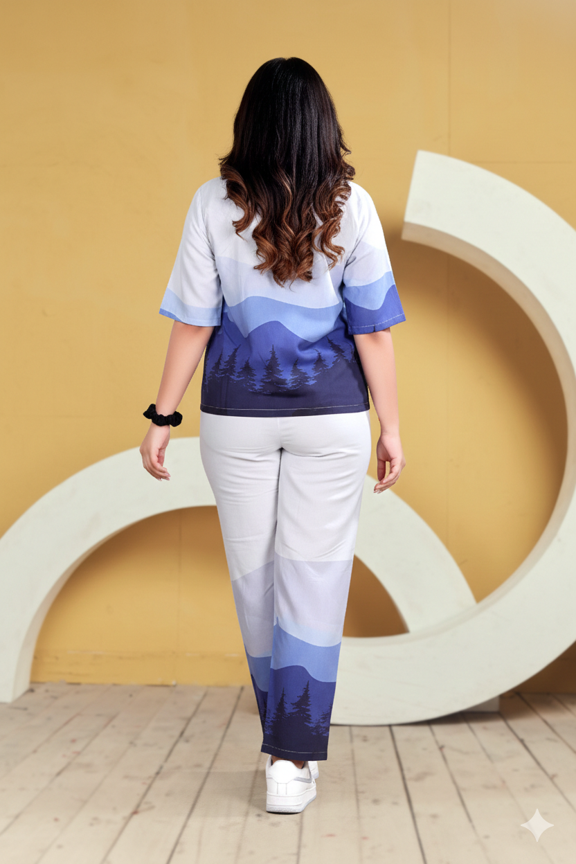 Blue Scenic Print Shirt & Pant Co-ord Set