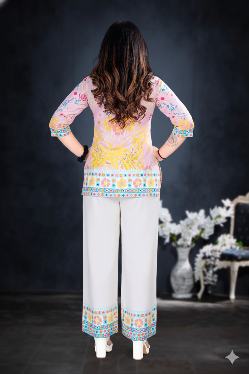 Pink Floral Print Kurta & Palazzo Co-ord Set