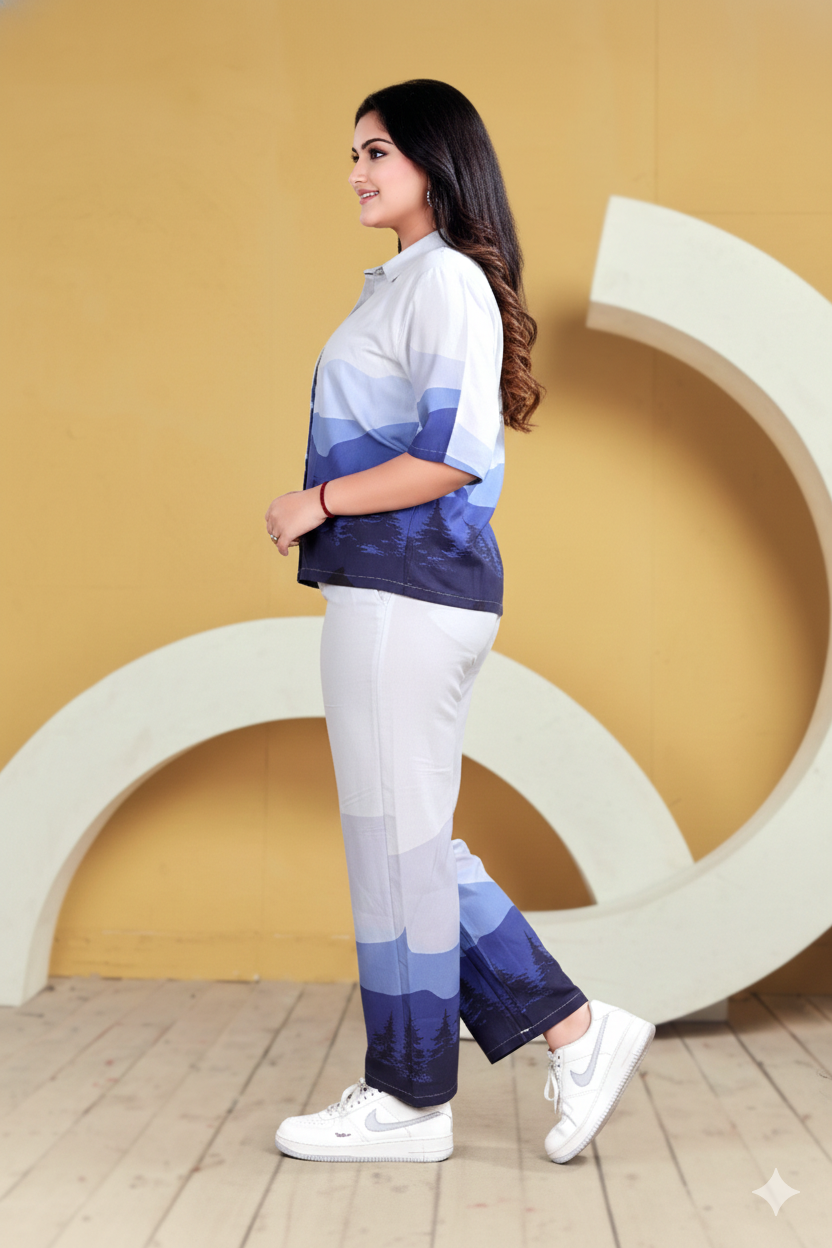 Blue Scenic Print Shirt & Pant Co-ord Set