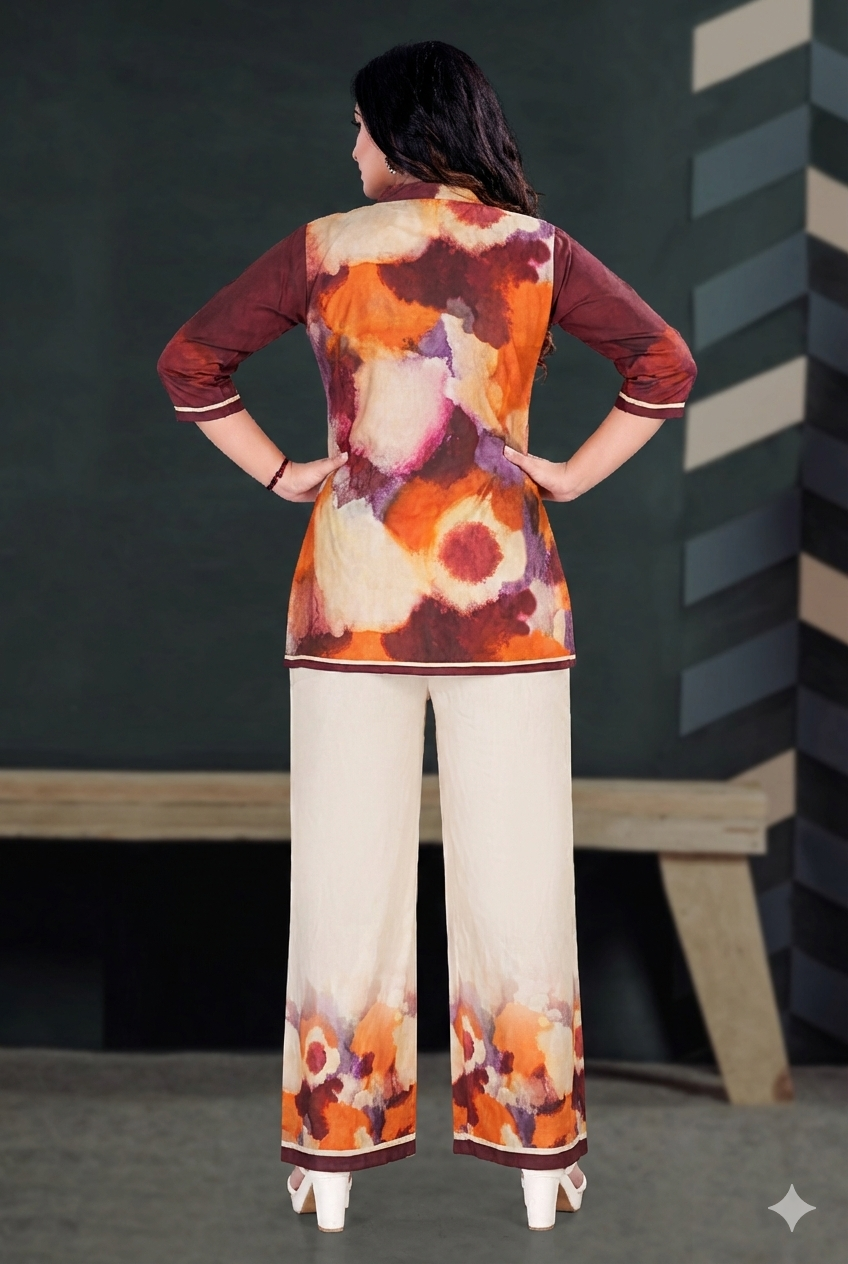 Rust Abstract Print Kurta & Pant Co-ord Set