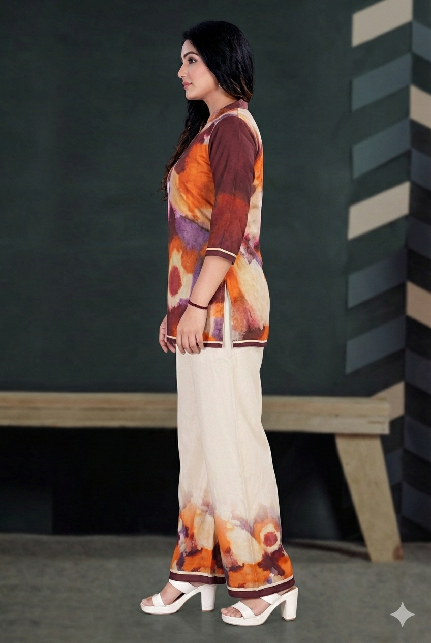 Rust Abstract Print Kurta & Pant Co-ord Set