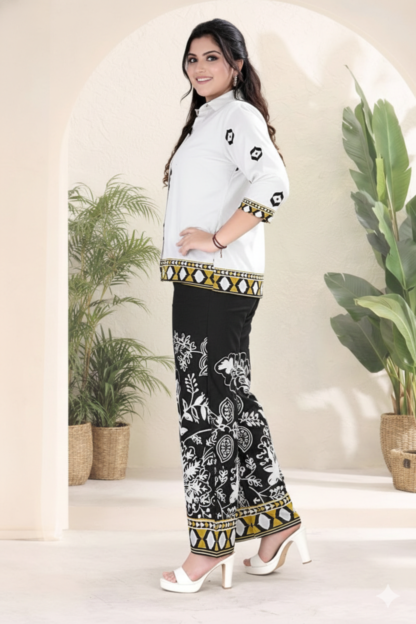 White Printed Shirt Top with Black Floral Palazzo Pants Co-ord Set for Women