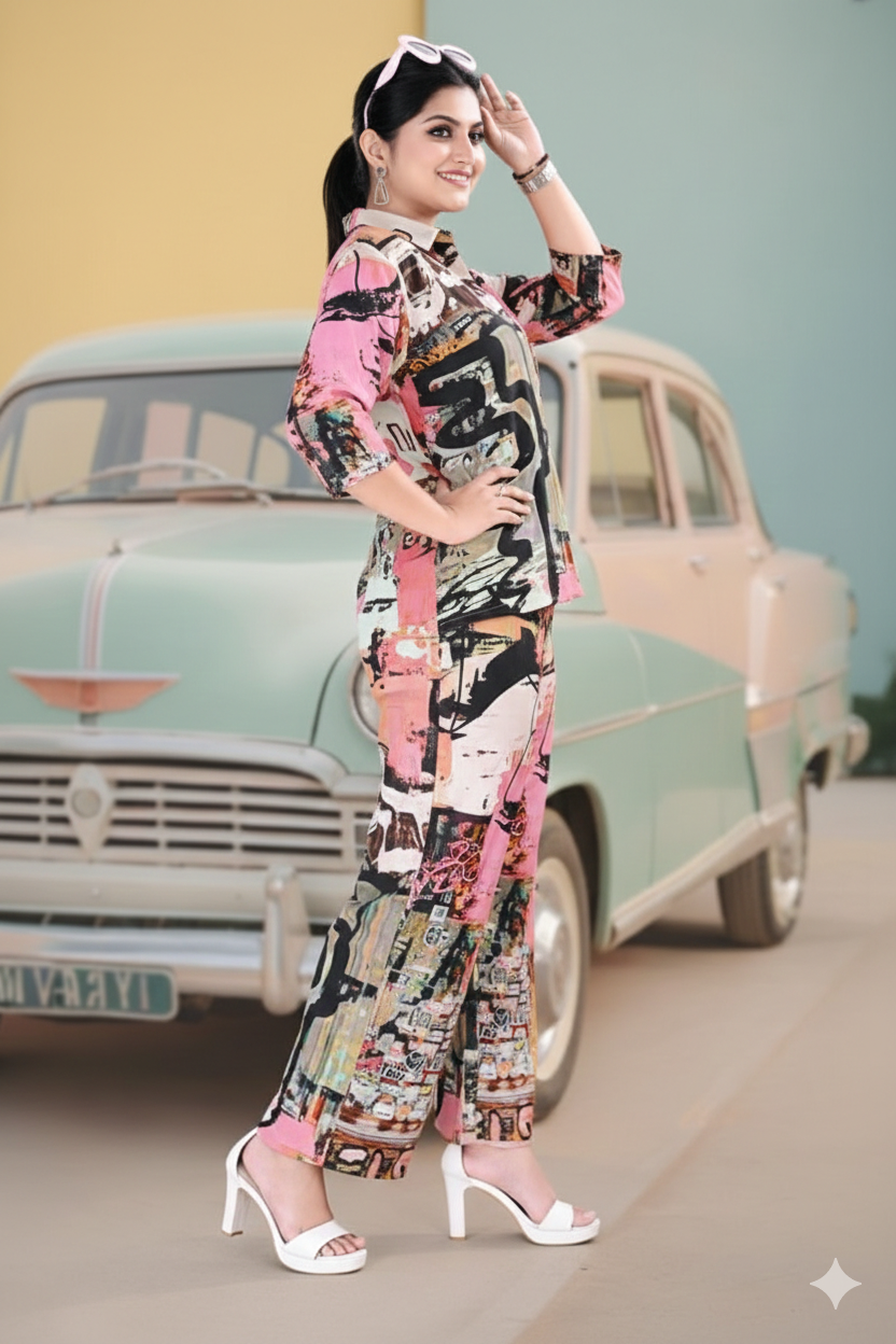 Pink Graffiti Print Shirt & Pant Co-ord Set