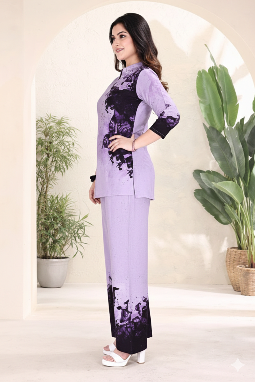 Lavender Splash Print Kurta & Palazzo Co-ord Set