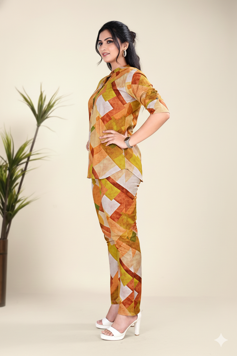Mustard Abstract Print Top & Pant Co-ord Set