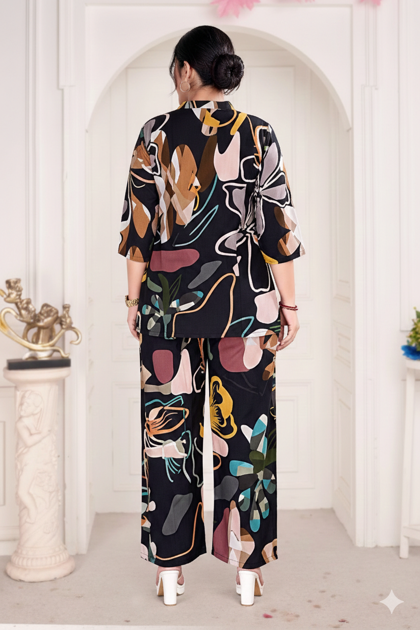 Black Abstract Floral Printed Kurta & Palazzo Co-ord Set for Women