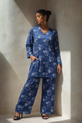 Women Navy Blue Floral Printed Kurti with Palazzo Co-ord Set