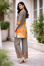 Women’s Casual Printed Kurta Pant Set in Grey & Orange Botanical Design