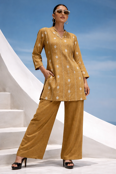 Women Mustard Embroidered Kurti with Solid Palazzo Co-ord Set
