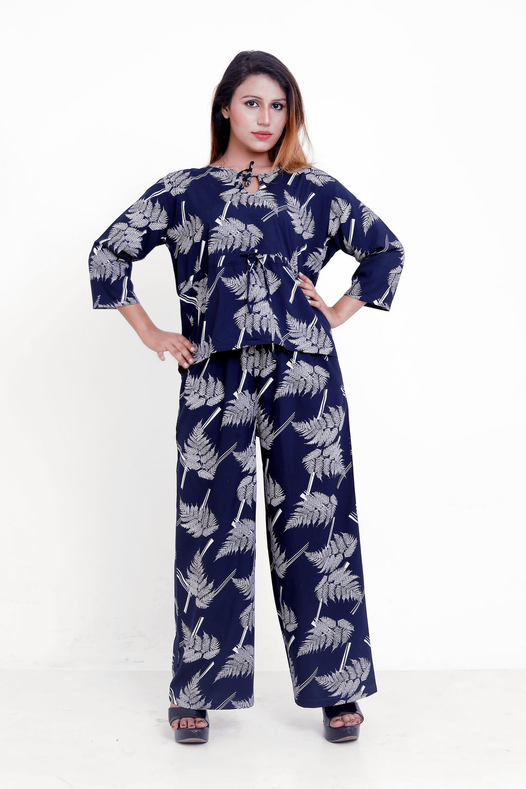 GroHood Indigo Fern Co-ord Set – Relaxed Printed Top & Wide-Leg Pants
