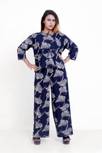 GroHood Indigo Fern Co-ord Set – Relaxed Printed Top & Wide-Leg Pants