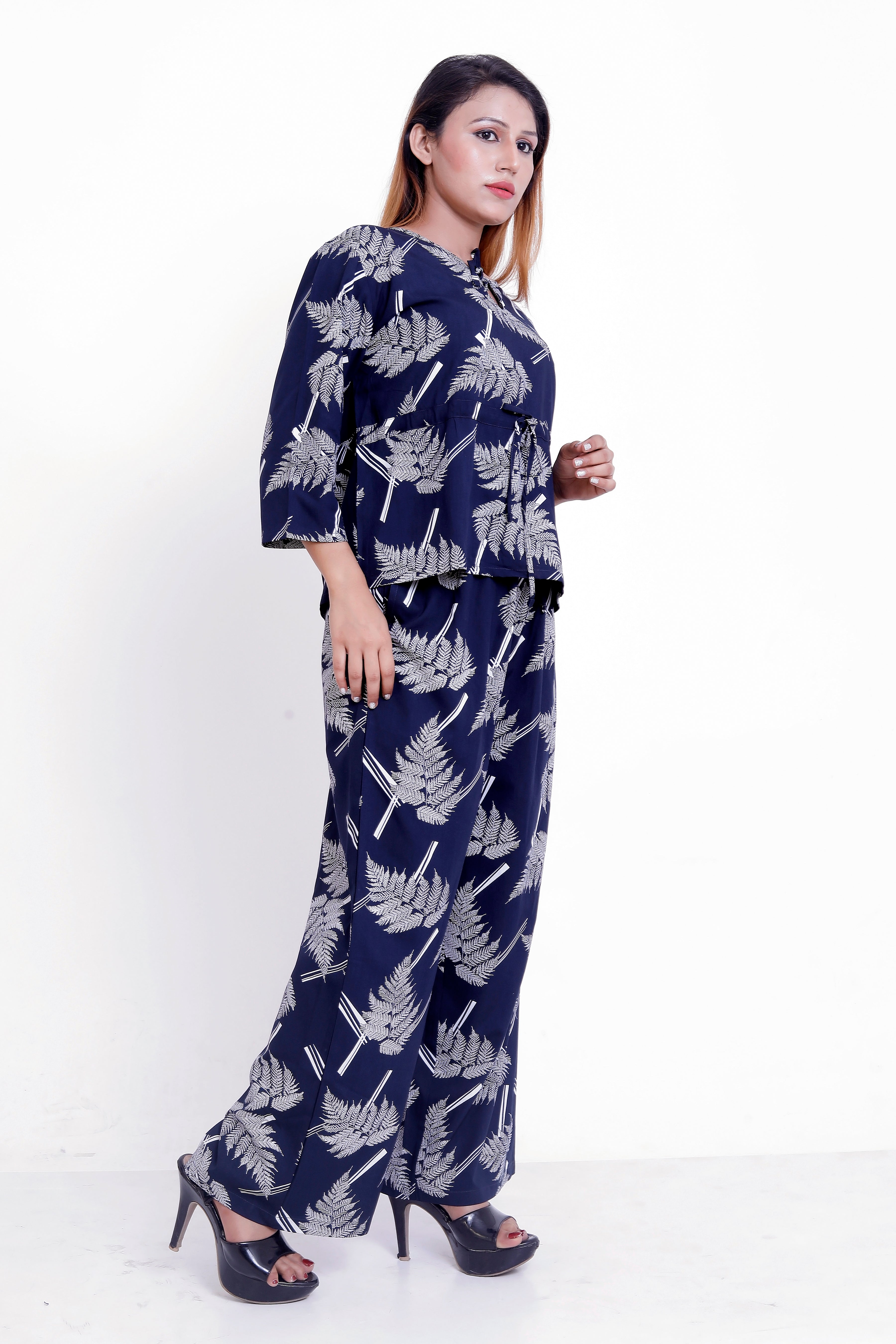 GroHood Indigo Fern Co-ord Set – Relaxed Printed Top & Wide-Leg Pants