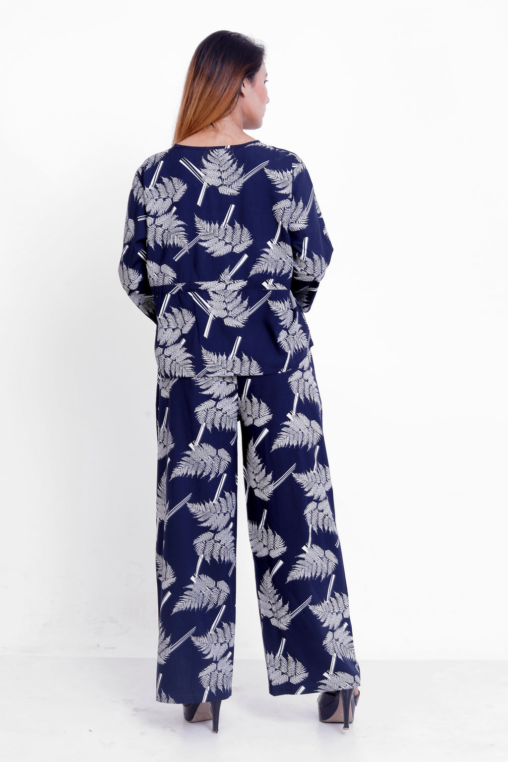 GroHood Indigo Fern Co-ord Set – Relaxed Printed Top & Wide-Leg Pants