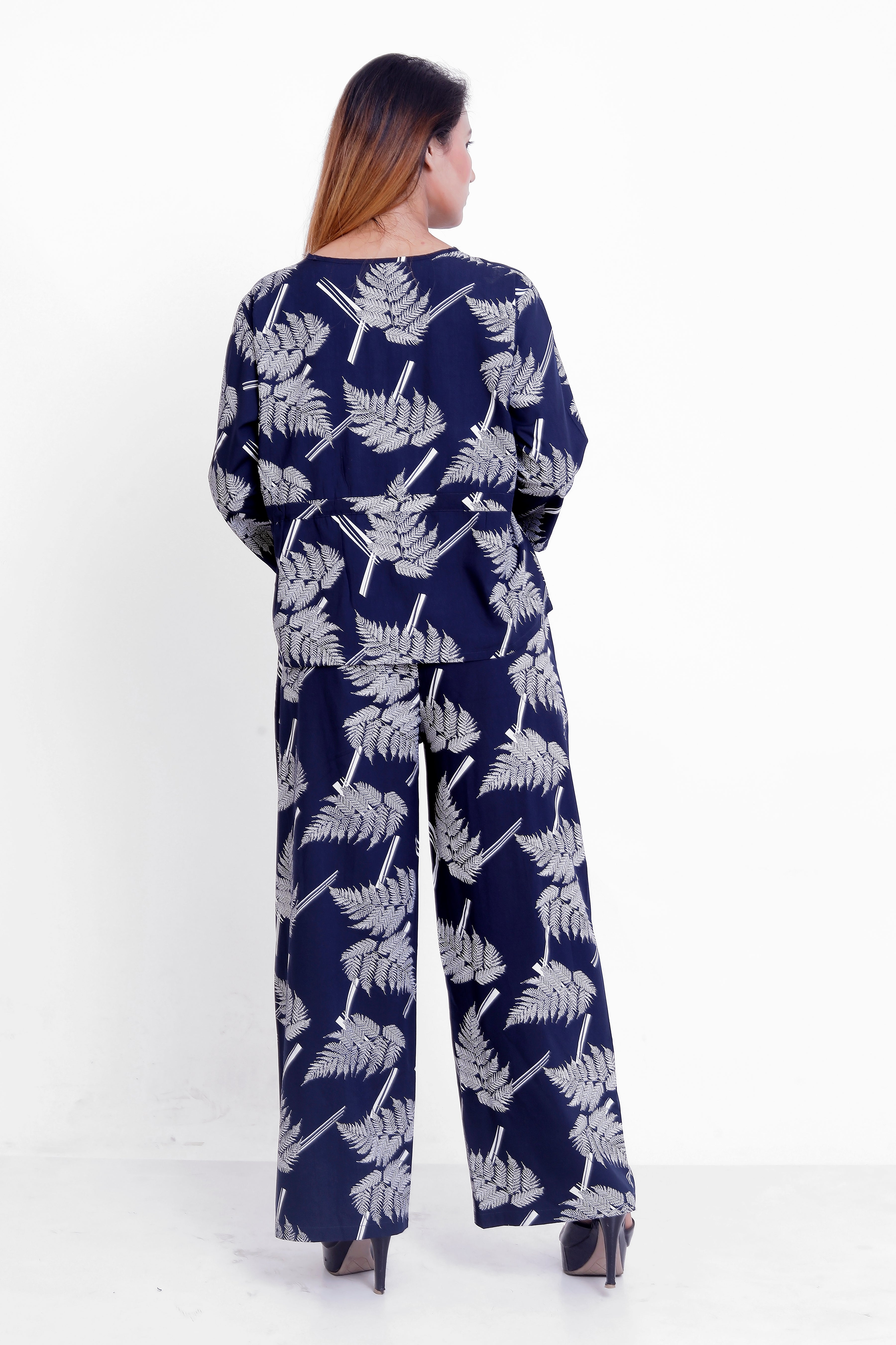 GroHood Indigo Fern Co-ord Set – Relaxed Printed Top & Wide-Leg Pants