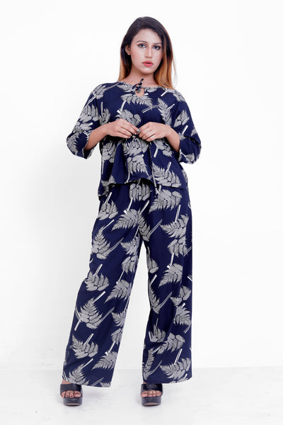 GroHood Indigo Fern Co-ord Set – Relaxed Printed Top & Wide-Leg Pants