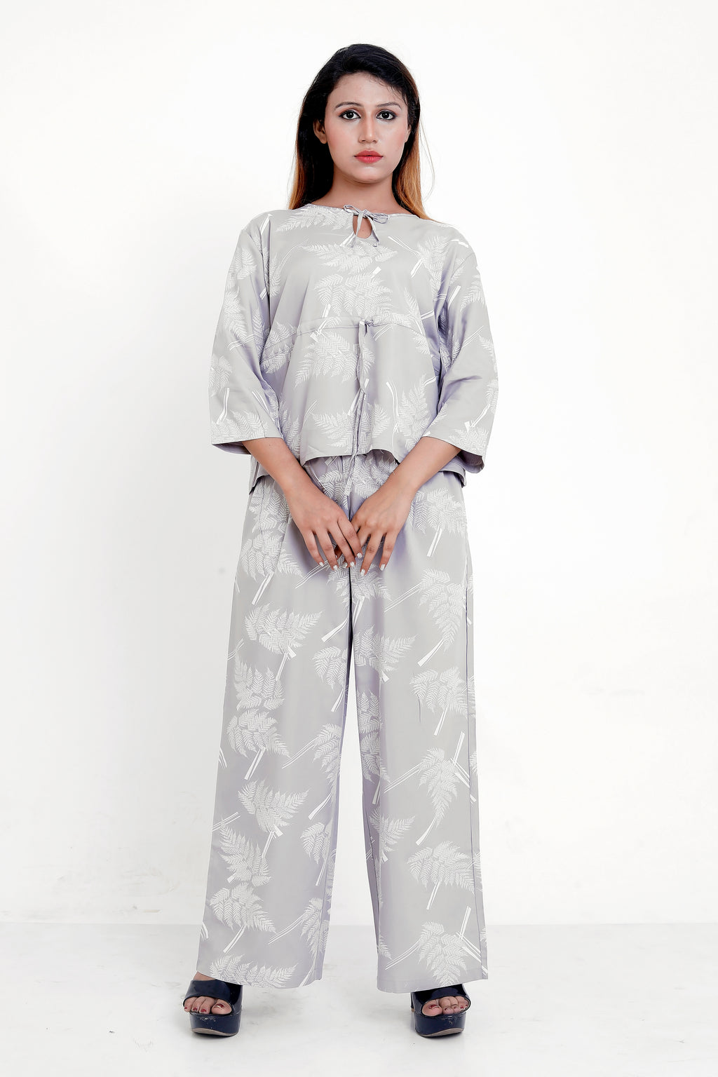 GroHood Mist Grey Fern Co-ord Set – Relaxed Top & Wide-Leg Pants