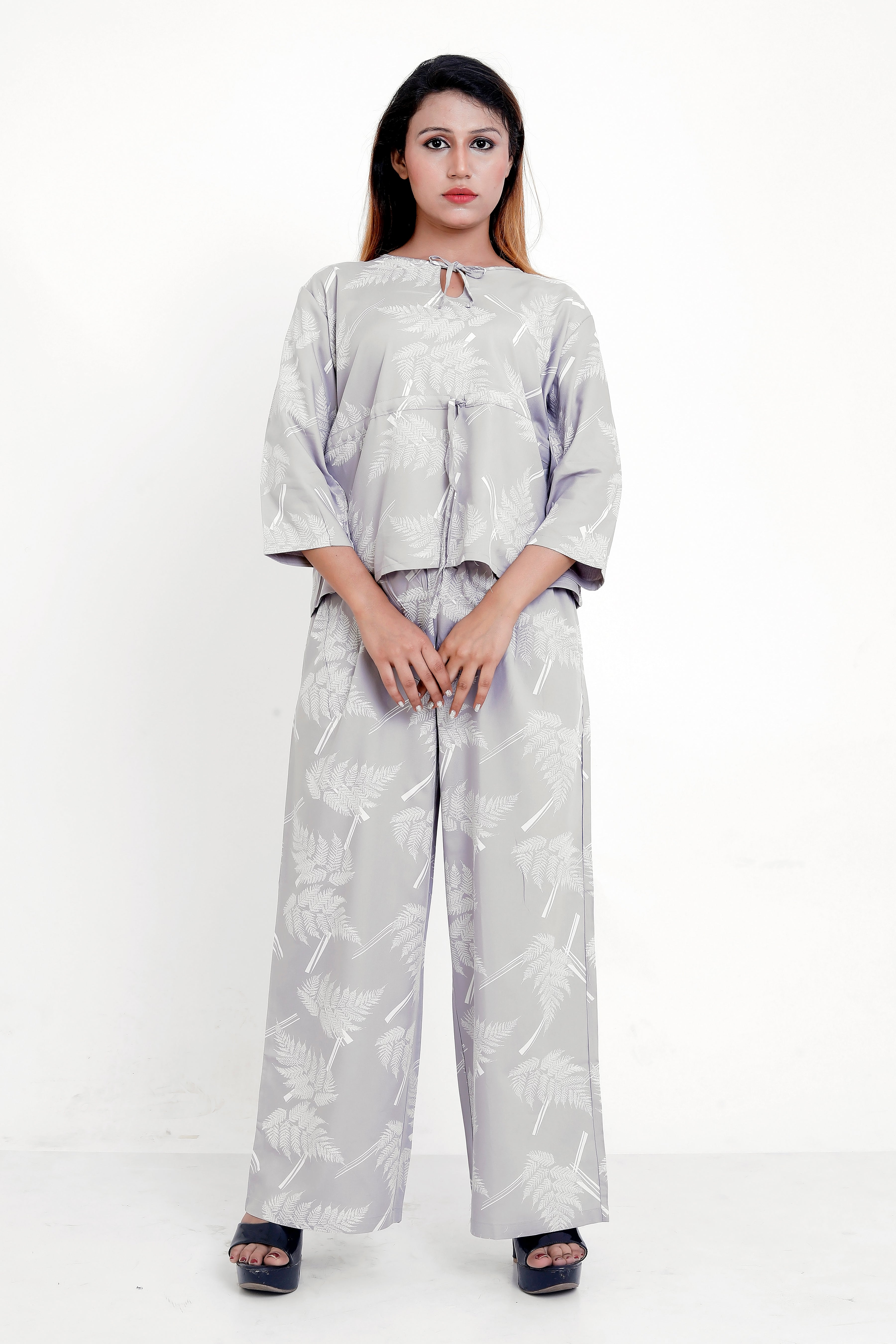 GroHood Mist Grey Fern Co-ord Set – Relaxed Top & Wide-Leg Pants