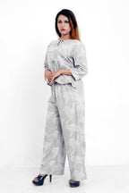 GroHood Mist Grey Fern Co-ord Set – Relaxed Top & Wide-Leg Pants
