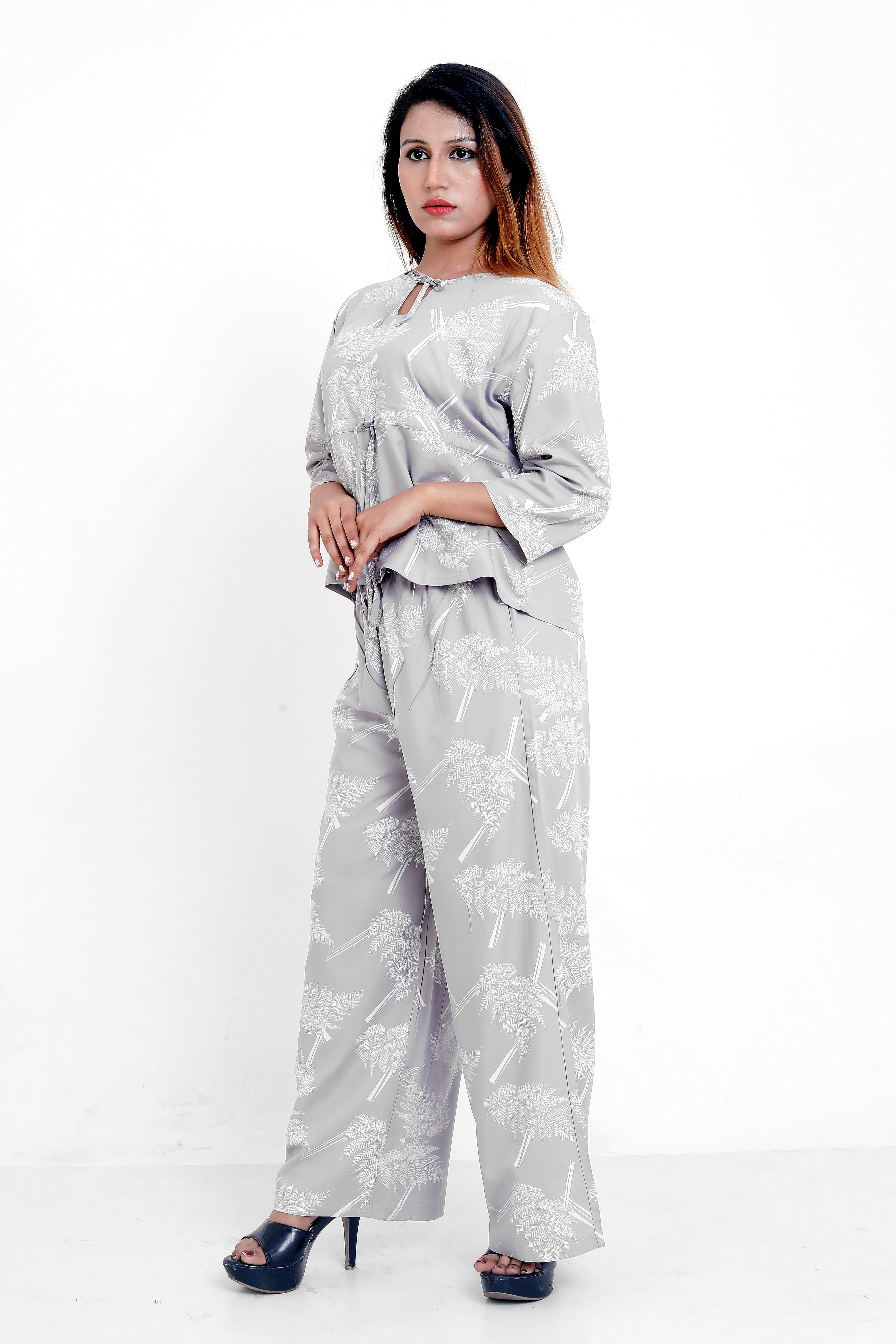 GroHood Mist Grey Fern Co-ord Set – Relaxed Top & Wide-Leg Pants
