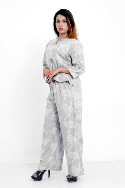 GroHood Mist Grey Fern Co-ord Set – Relaxed Top & Wide-Leg Pants