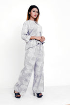 GroHood Mist Grey Fern Co-ord Set – Relaxed Top & Wide-Leg Pants