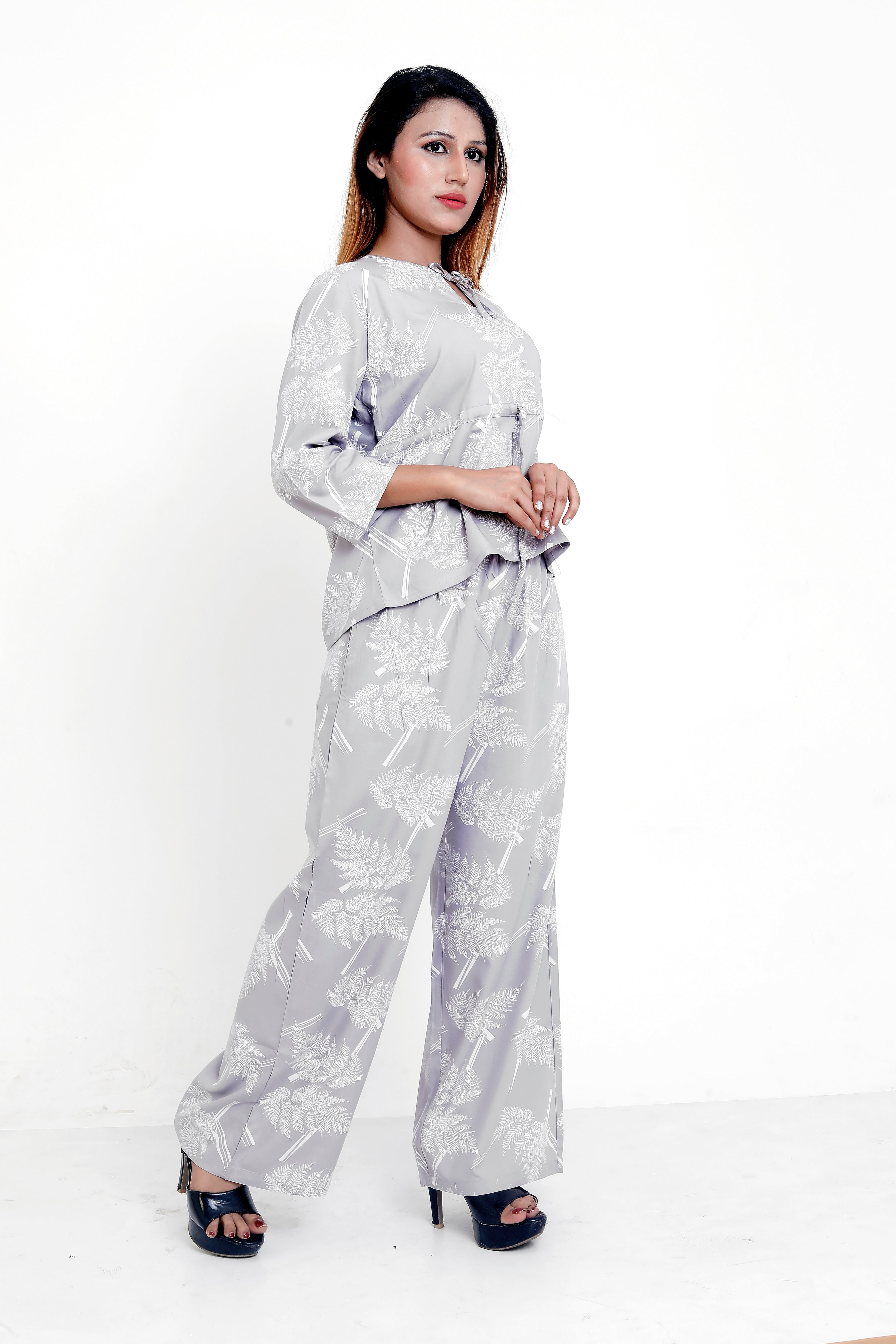 GroHood Mist Grey Fern Co-ord Set – Relaxed Top & Wide-Leg Pants