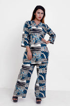 GroHood Indigo Abstract Co-ord Set – Printed Top & Wide-Leg Pants