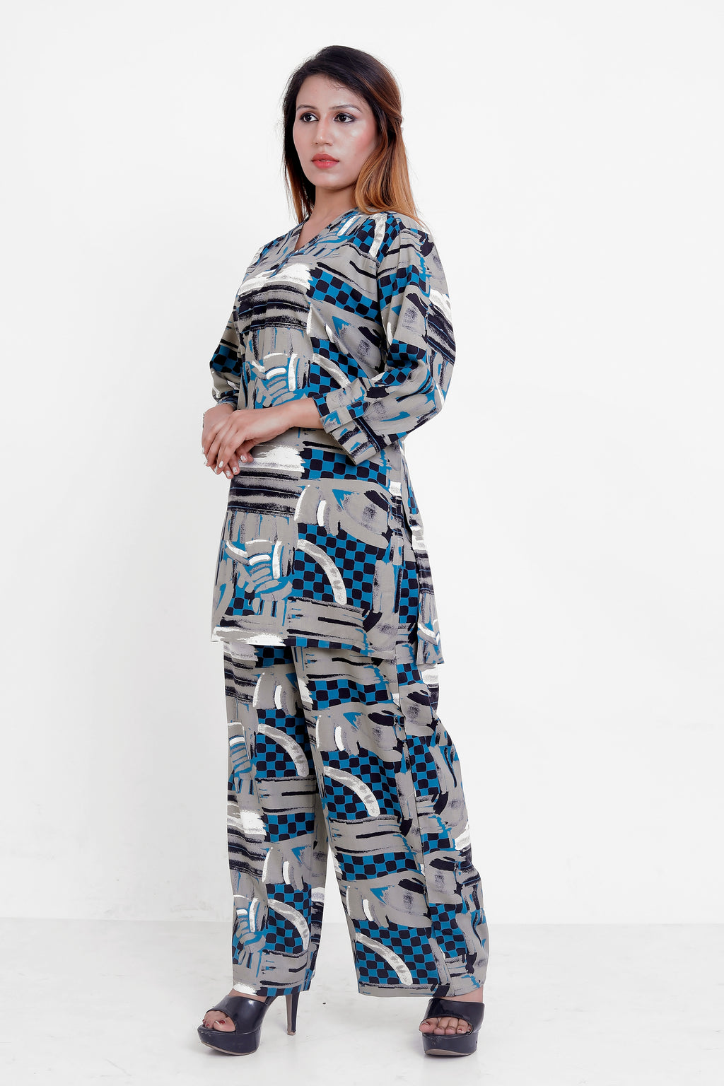 GroHood Indigo Abstract Co-ord Set – Printed Top & Wide-Leg Pants