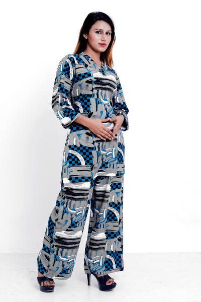 GroHood Indigo Abstract Co-ord Set – Printed Top & Wide-Leg Pants