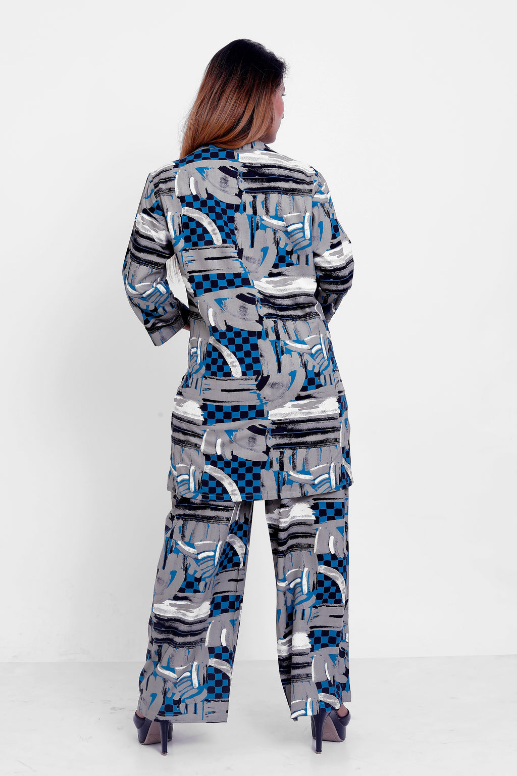 GroHood Indigo Abstract Co-ord Set – Printed Top & Wide-Leg Pants